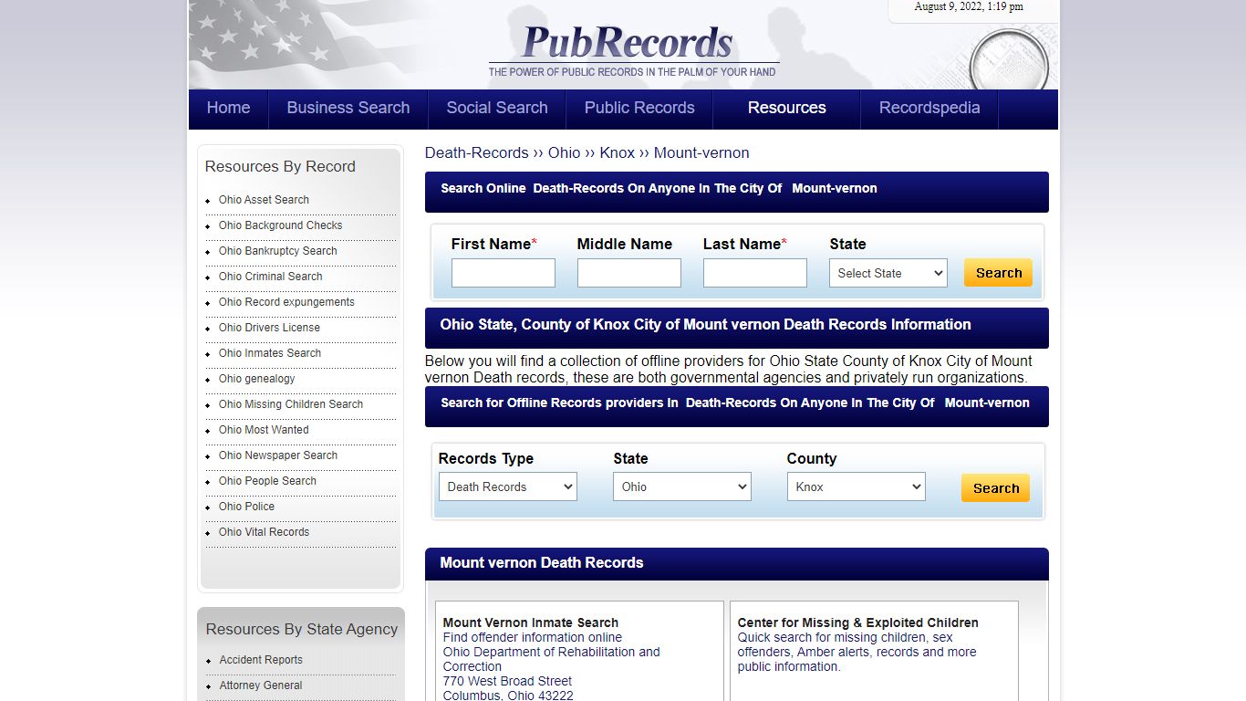 Mount vernon, Knox County, Ohio Death Records